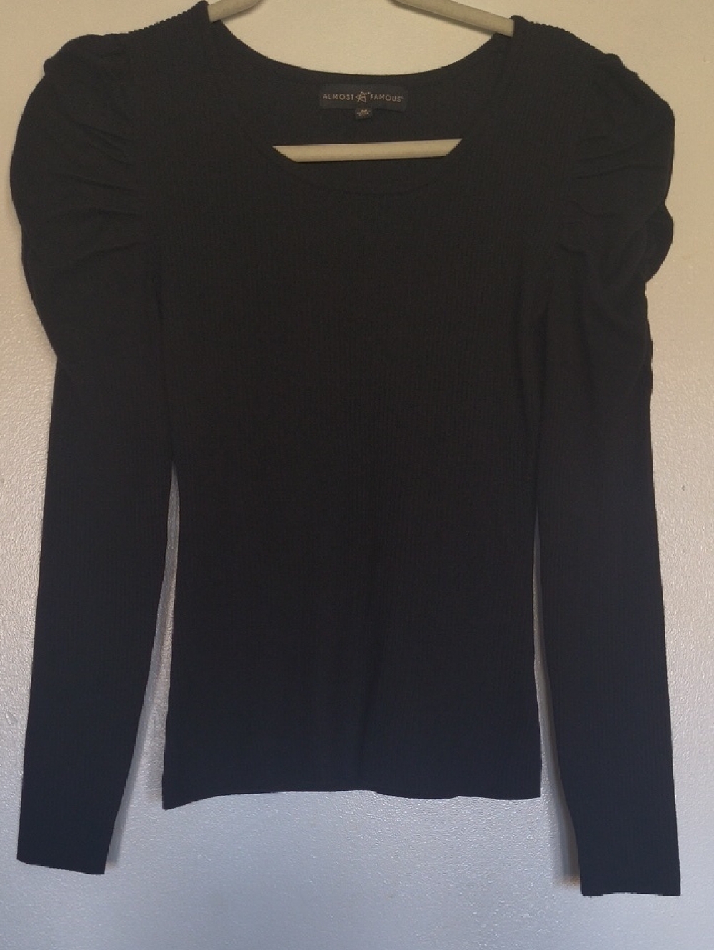 Almost Famous Black Ribbed Long-Sleeve Top with Puff Shoulders